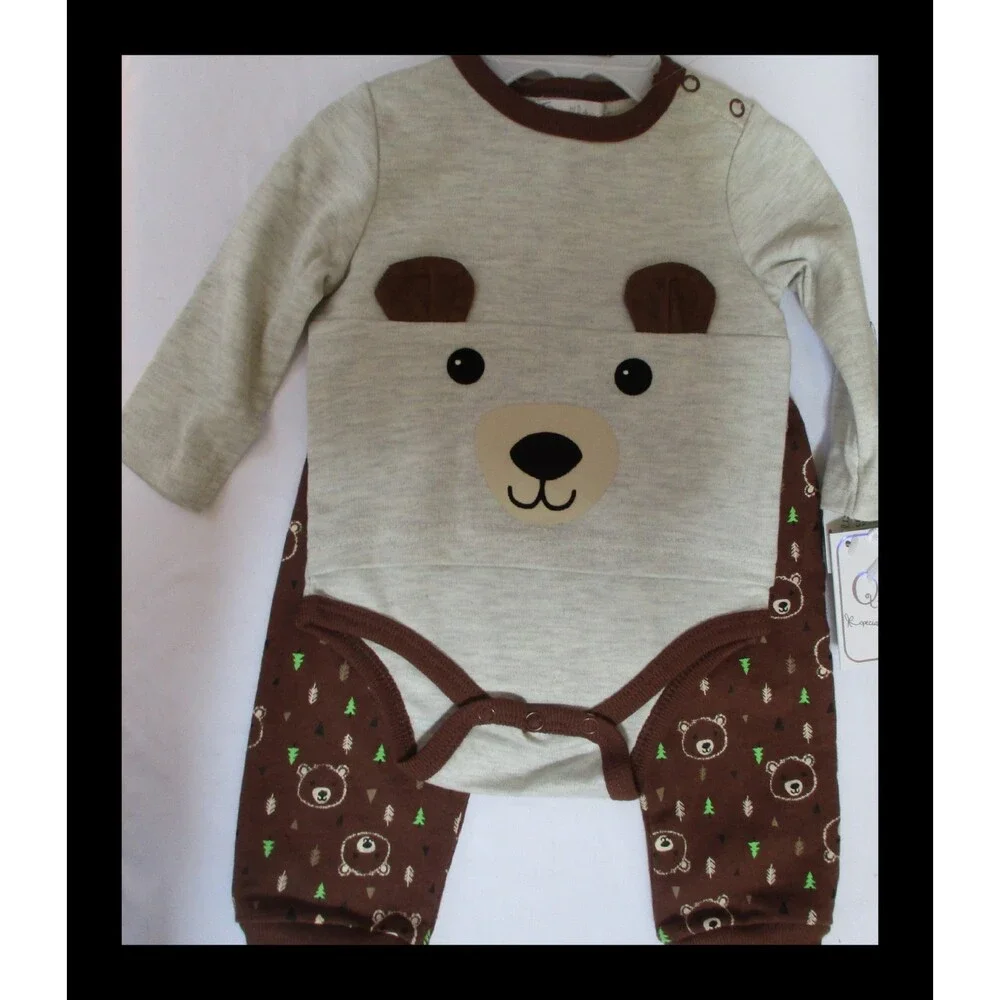Quiltex 3 Pc Baby Set Brown Teddy Bear 0-3M NWT